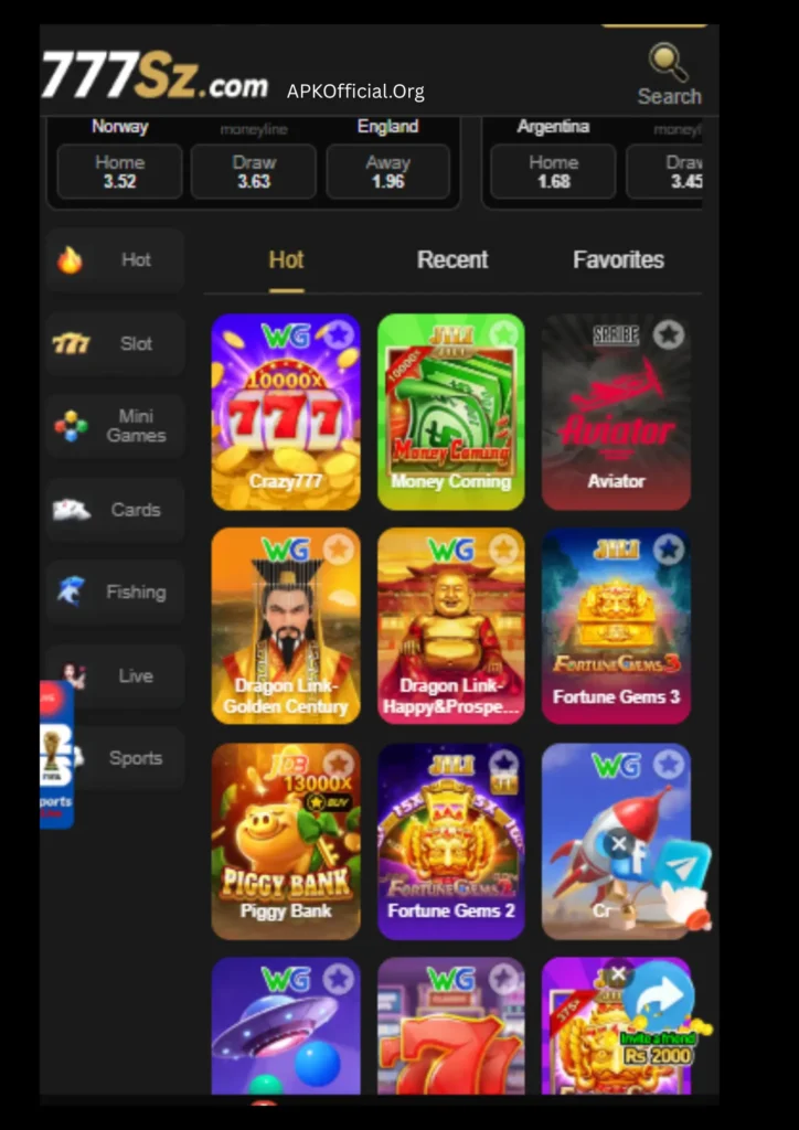 SZ777 Game categories